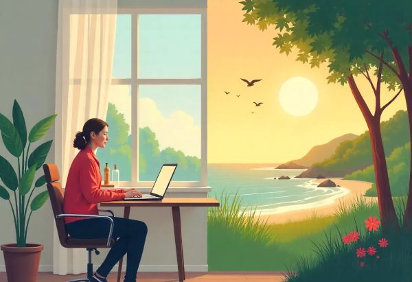 Nő laptopon dolgozik egy íróasztalnál, miközben az ablakon át nyugodt tengerparti naplemente látszik, szimbolizálva a munka és pihenés egyensúlyát egész évben.